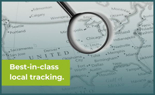 magnifying glass on a US map and the phrase "Best-in-class local tracking"