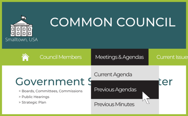 graphic of a local government website showing a cursor selecting a menu for previous agendas